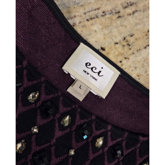 New! ECI Size L Sweater Black Purple Embellished Neck Rhinestone Geometric - Picture 11 of 16